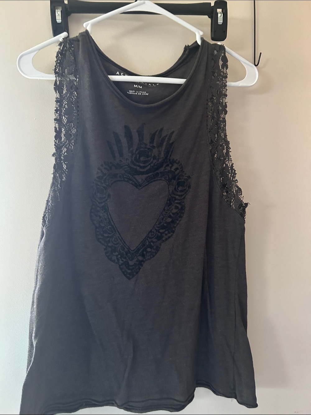 Aerie Black Lace-Trim Velvet Heart Tank